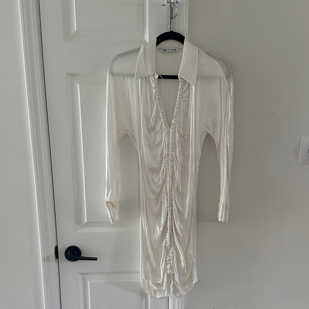 Elegant Cream Silk Ruched Dress